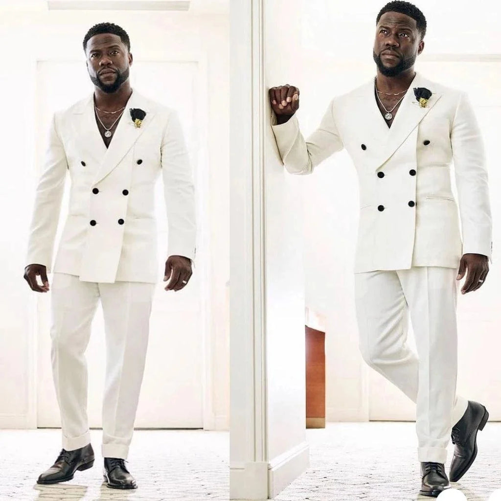 White double-breasted men's suit by SHOWLU FASHION STORE, slim fit 2-piece wedding tuxedo with jacket and pants.
