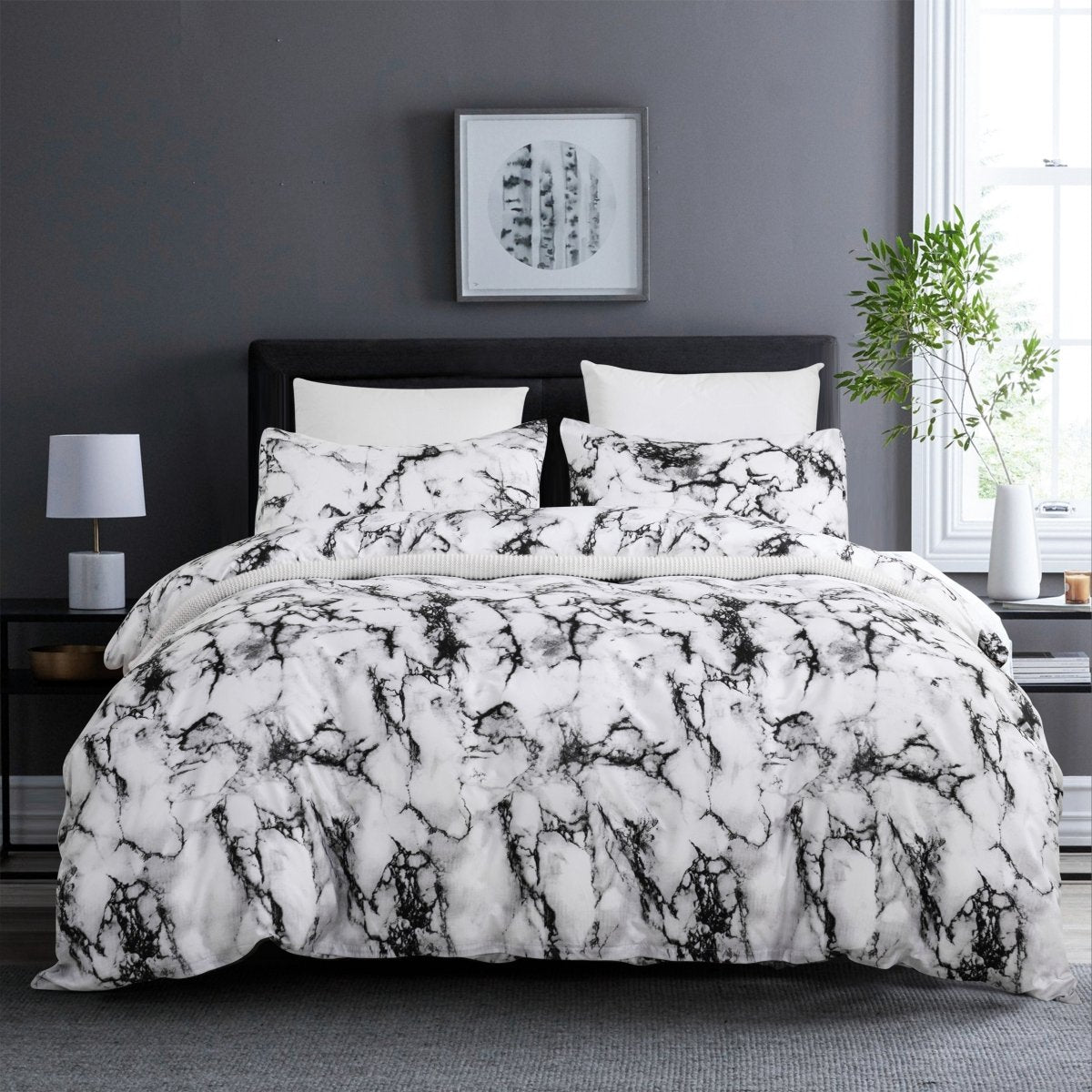 White marble-print Showlu Fashion duvet cover set with two matching pillow shams, soft microfiber, lightweight bedding for queen size beds.