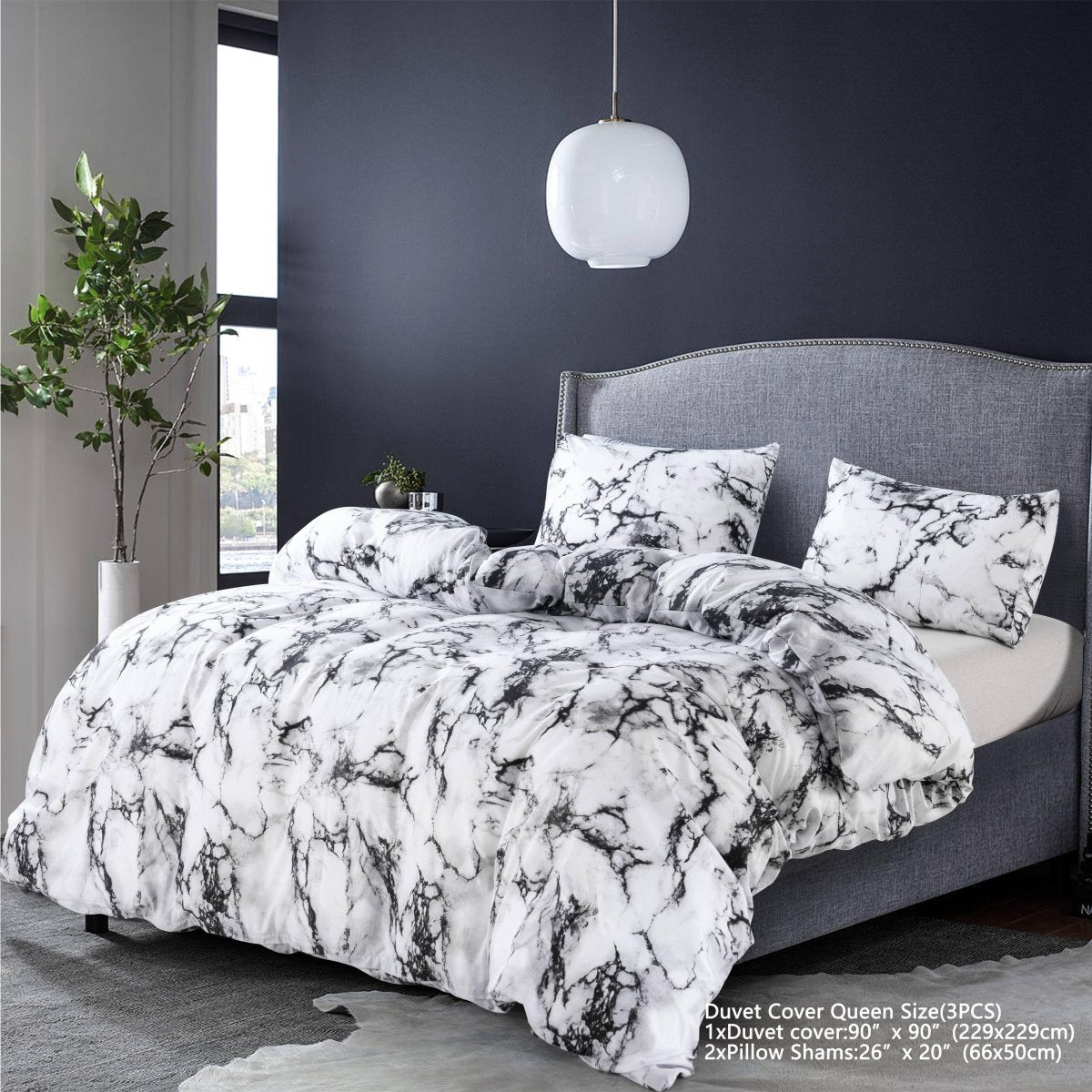 White marble duvet cover set by Showlu Fashion, includes 2 pillow shams and lightweight microfiber comforter for queen size bedding.