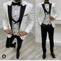White Kromoc men's 3-piece business suit with slim fit wedding tuxedo, featuring a peak lapel blazer, vest, and trousers for formal occasions