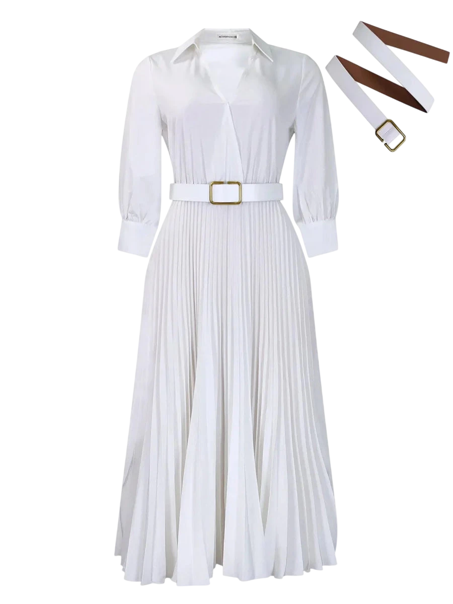 White pleated V-neck A-line dress for women with full sleeves, high waist, and belt, perfect for casual or party wear by SHOWLU FASHION.