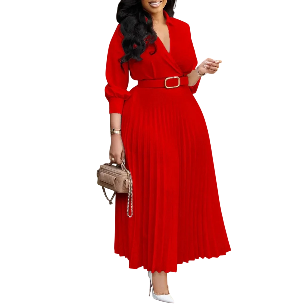 White Kalenmos women's pleated V-neck A-line dress with full sleeves, high waist, and belt, ideal for casual or party wear.