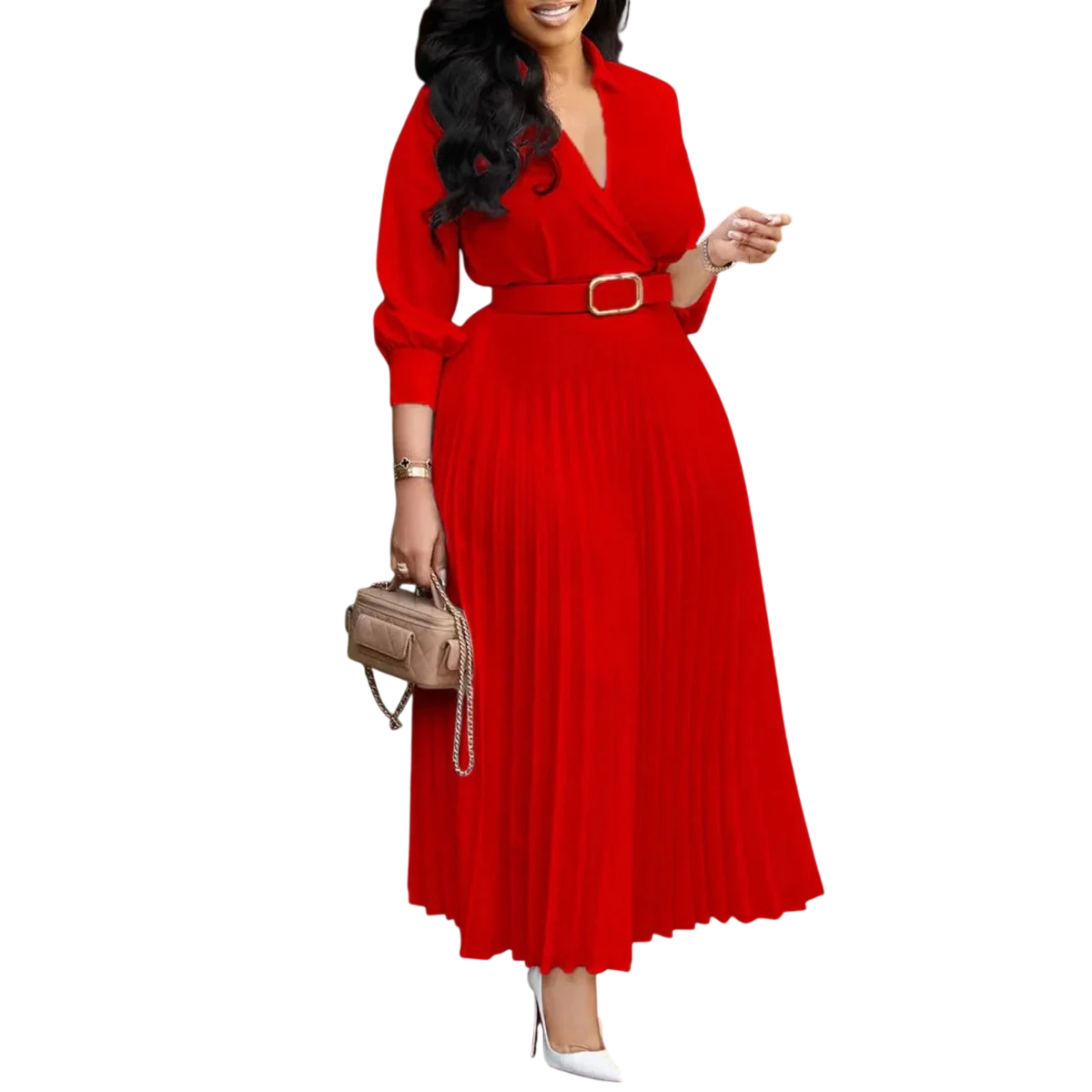 White Kalenmos women's pleated V-neck A-line dress with full sleeves, high waist, and belt, ideal for casual or party wear.