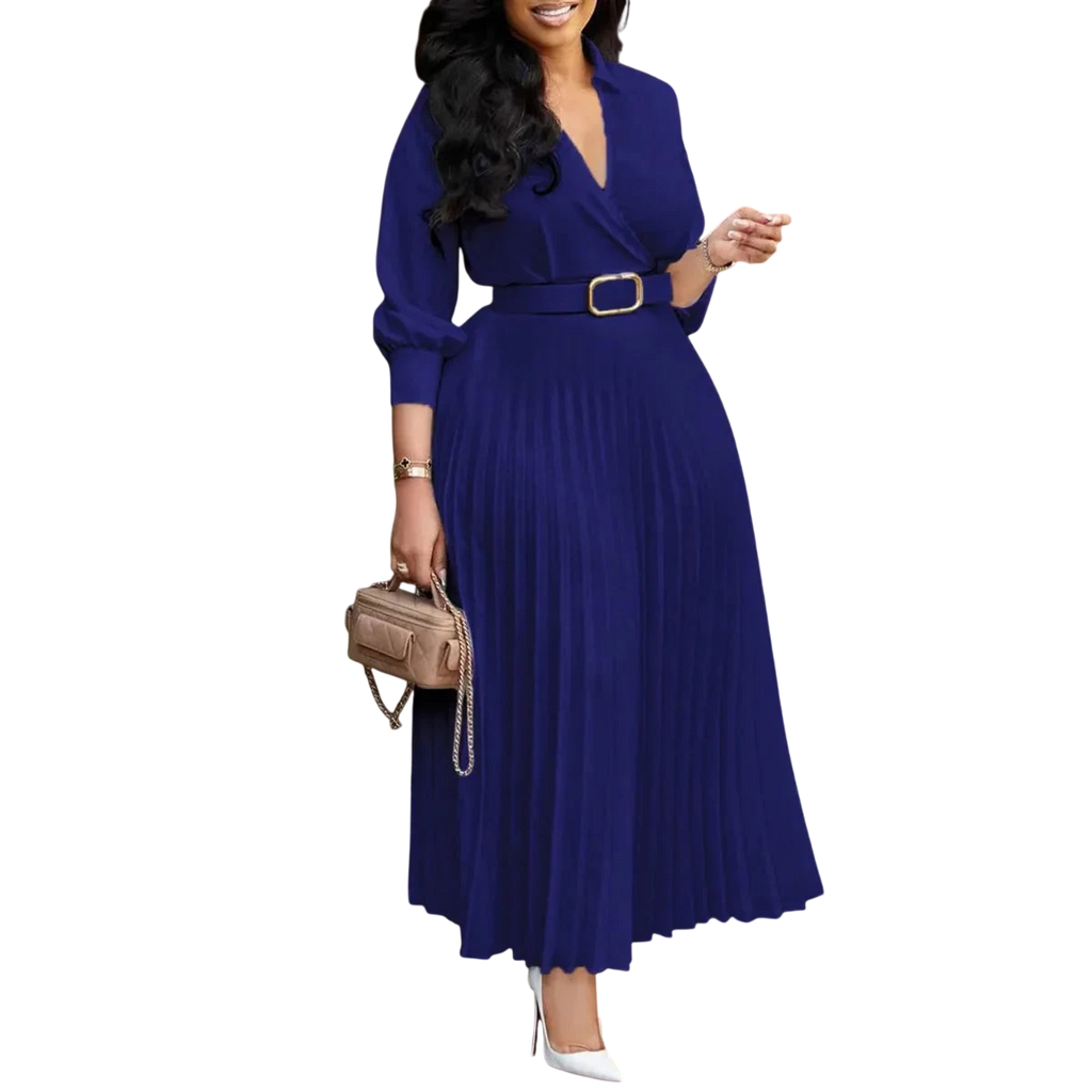 White pleated V-neck A-line dress for women with full sleeves, high waist, and belt, ideal for casual or party wear.