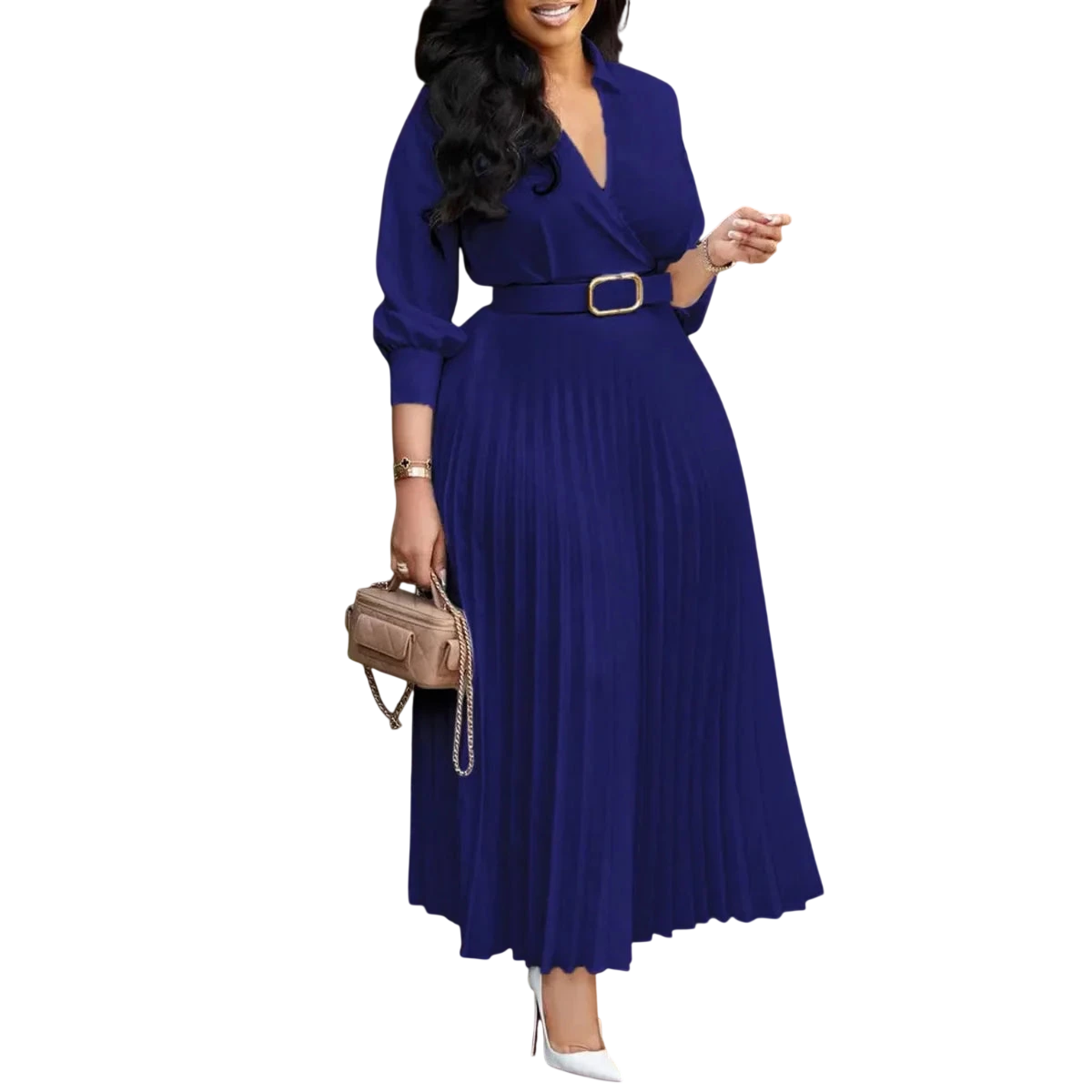 White pleated V-neck A-line dress for women with full sleeves, high waist, and belt, ideal for casual or party wear.