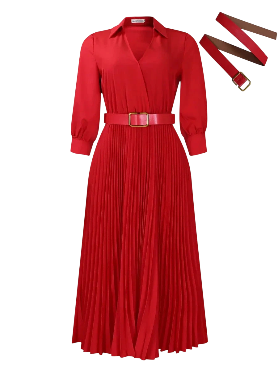 White pleated V-neck A-line dress for women with full sleeves, high waist, and belt by SHOWLU FASHION STORE.