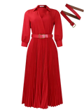 White pleated V-neck A-line dress for women with full sleeves, high waist, and belt by SHOWLU FASHION STORE.