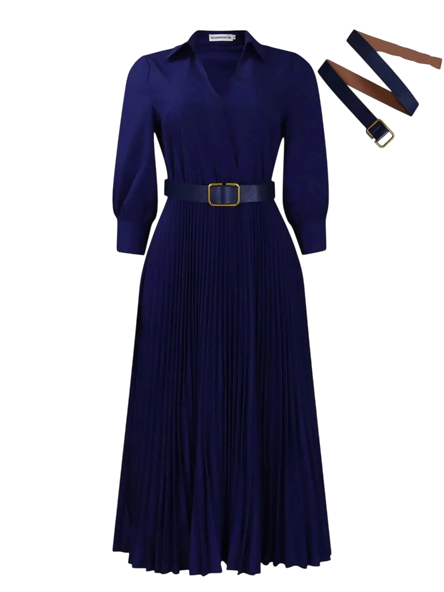 White pleated V-neck A-line dress for women with full sleeves, high waist, and belt, ideal for casual or elegant occasions.