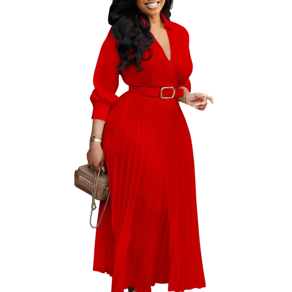 White pleated V-neck A-line dress for women with full long sleeves, high waist, belt, and casual to elegant style by SHOWLU FASHION STORE.