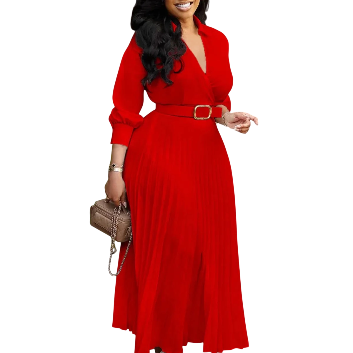 White pleated V-neck A-line dress for women with full long sleeves, high waist, belt, and casual to elegant style by SHOWLU FASHION STORE.