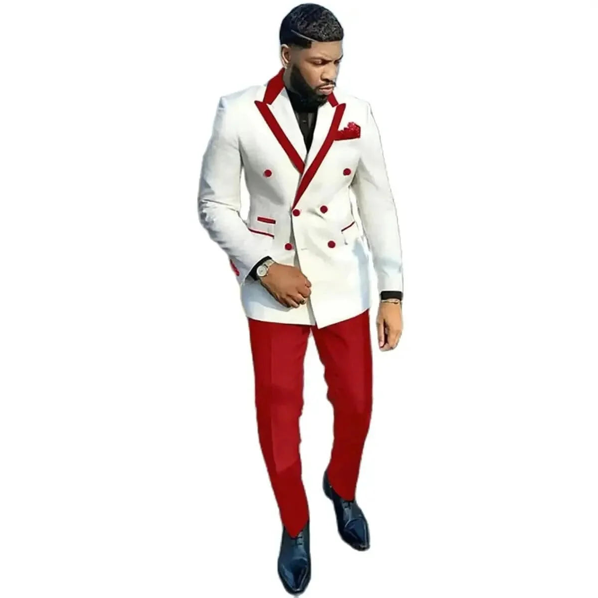 Showlu Fashion men's white and red double-breasted wedding tuxedo with peaked lapel, tailored fit, perfect for formal groom attire.