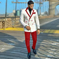 White and red men's double-breasted wedding tuxedo with peaked lapel, tailored fit, formal suit for groom or special occasions.