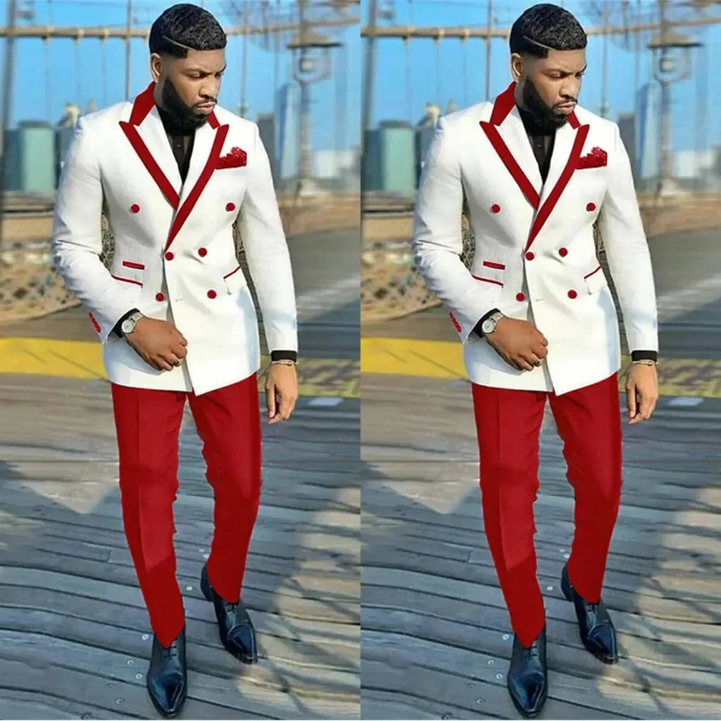 White and red men's double-breasted wedding tuxedo with peaked lapel, tailored fit, perfect for formal groom or wedding attire.