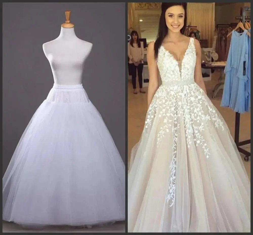 White Showlu 4-layer tulle petticoat for A-line wedding dresses, no hoops, long bridal underskirt with layered design.