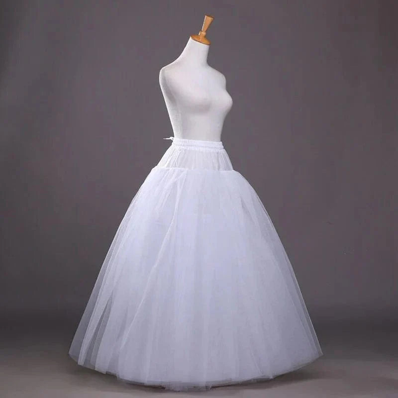 White Showlu 4-layer tulle A-line bridal petticoat with no hoops, long underskirt for wedding dresses and formal gowns.