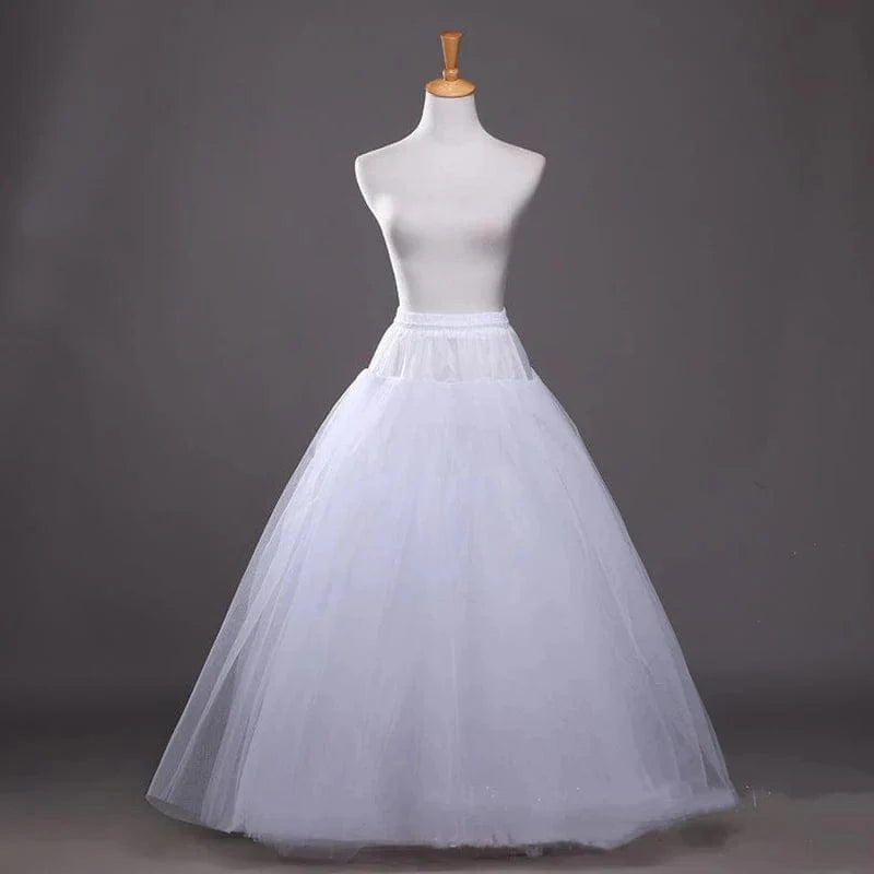 White Showlu 4-layer tulle petticoat for A-line wedding dresses, no hoops, long bridal underskirt with layered tulle fabric.