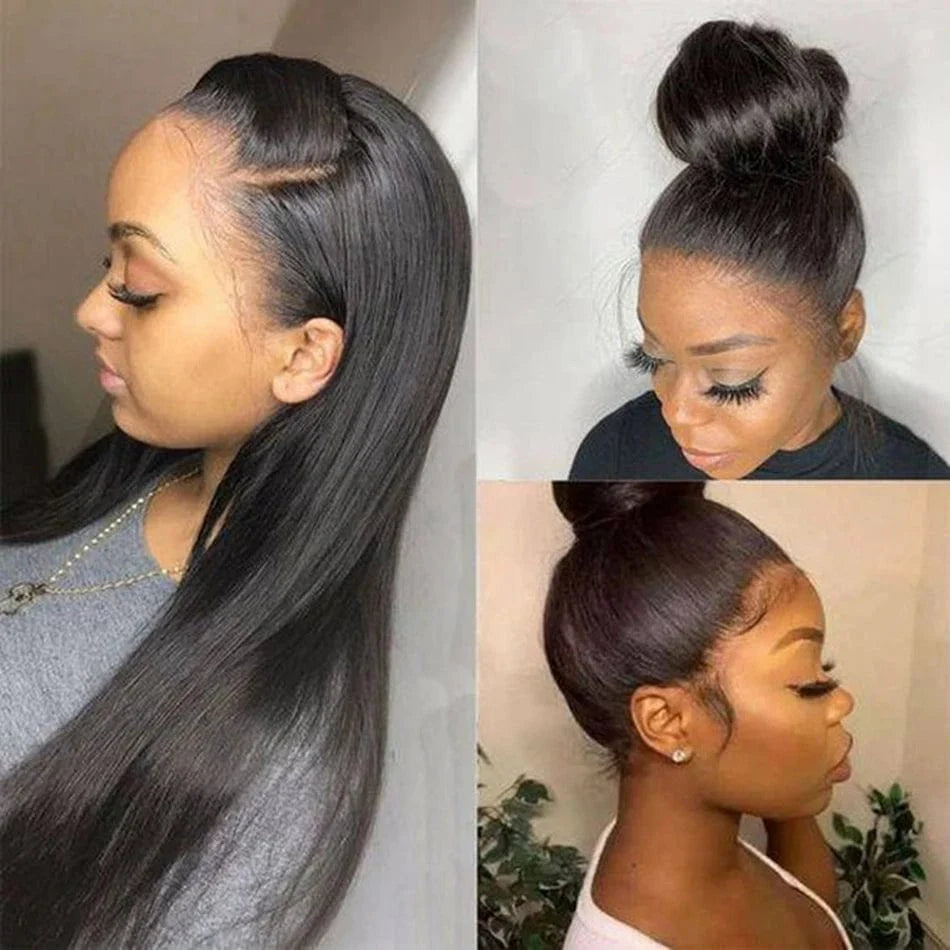 Showlu 13x6 HD lace frontal wig with Brazilian virgin human hair, featuring natural black color and detailed hair texture.