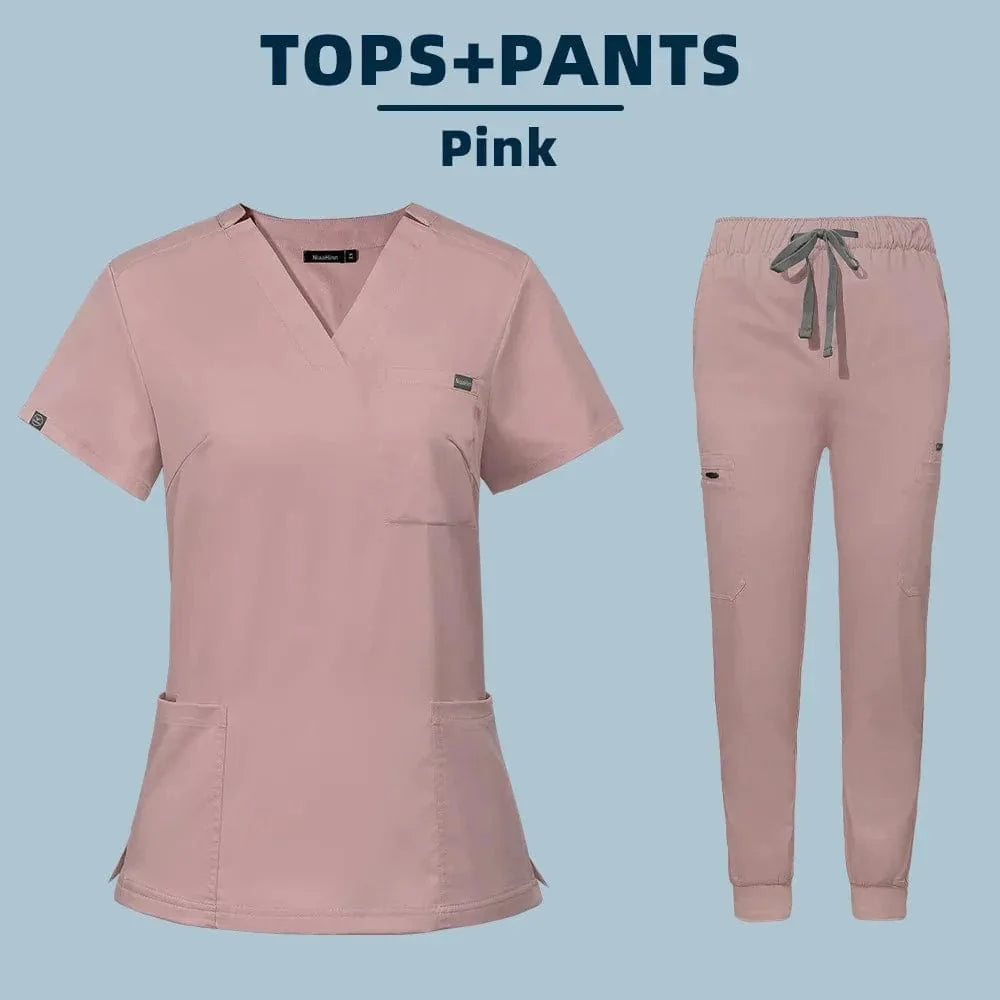 Showlu Fashion women's medical scrub set with top and pants, hospital workwear suitable for nurses and medical professionals.