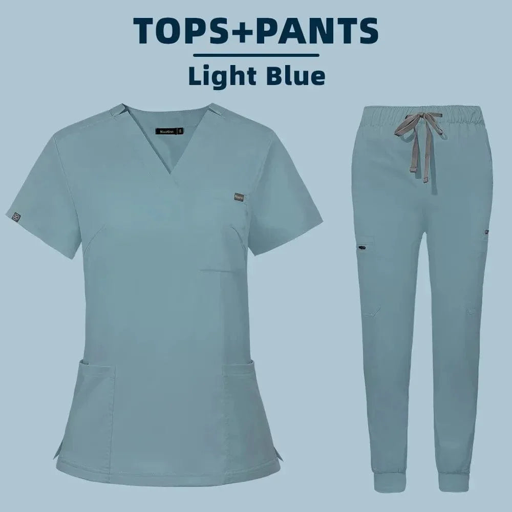 Showlu Fashion women's medical scrub set with top and pants, hospital workwear uniform for nurses and medical professionals.