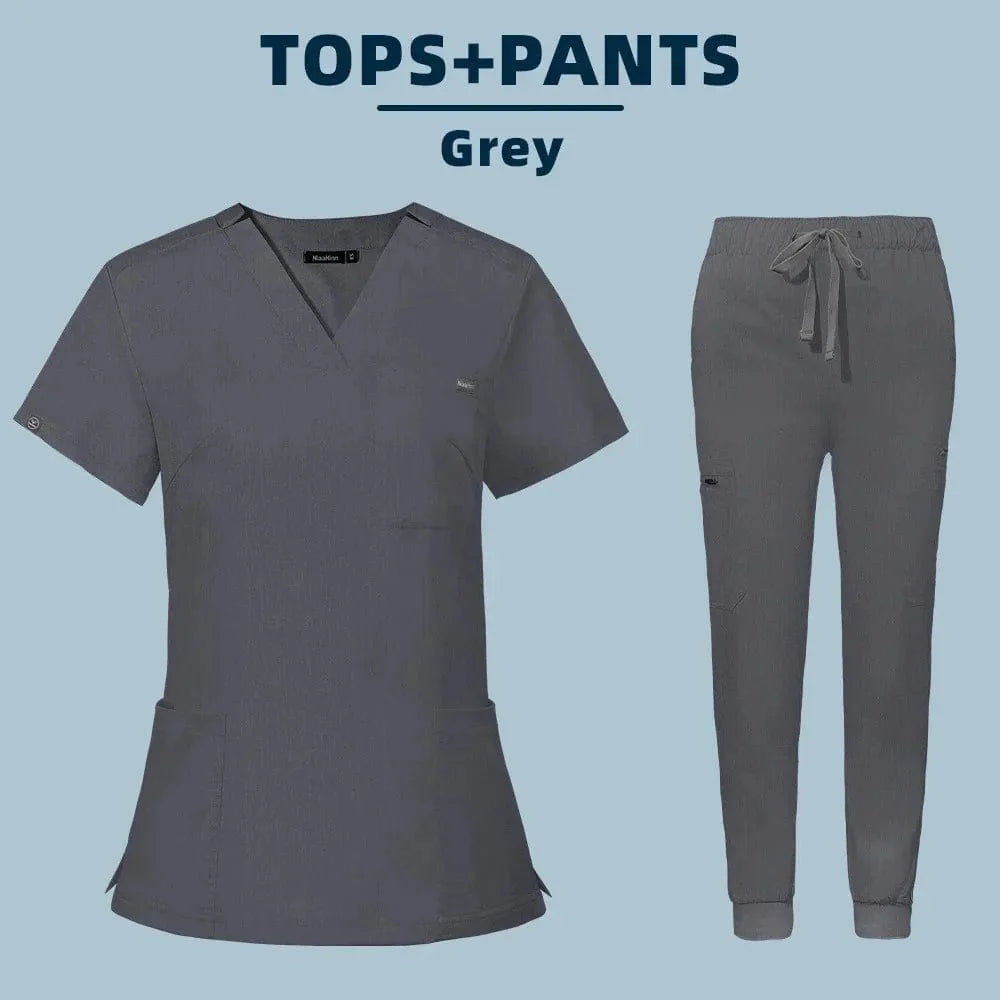 Showlu Fashion women's medical scrub set, hospital workwear with top and pants for nurses and healthcare professionals.