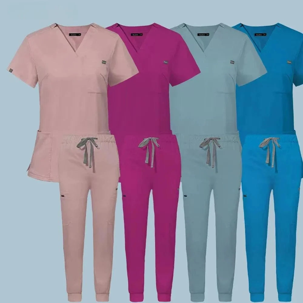 Showlu Fashion women's medical scrub set with top and pants, hospital workwear for nurses and medical professionals in a clinical setting.