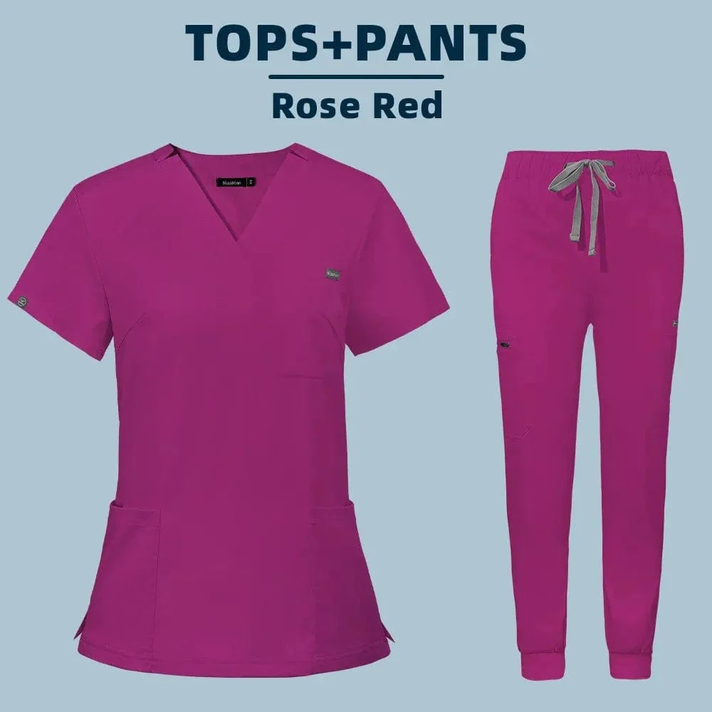 Showlu Fashion women's medical scrub set with top and pants, hospital workwear uniform for nurses and healthcare professionals.
