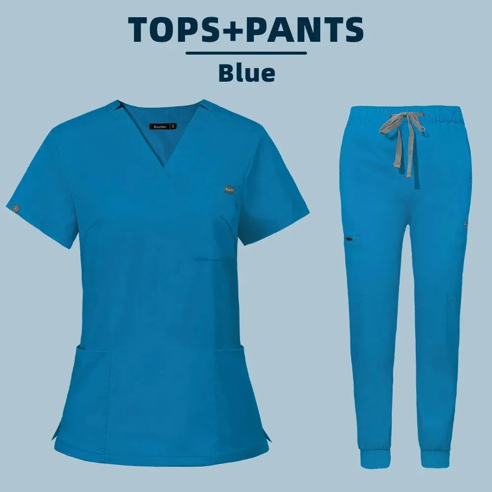Showlu Fashion women's medical scrub set with tops and pants, hospital workwear for nurses and healthcare professionals.