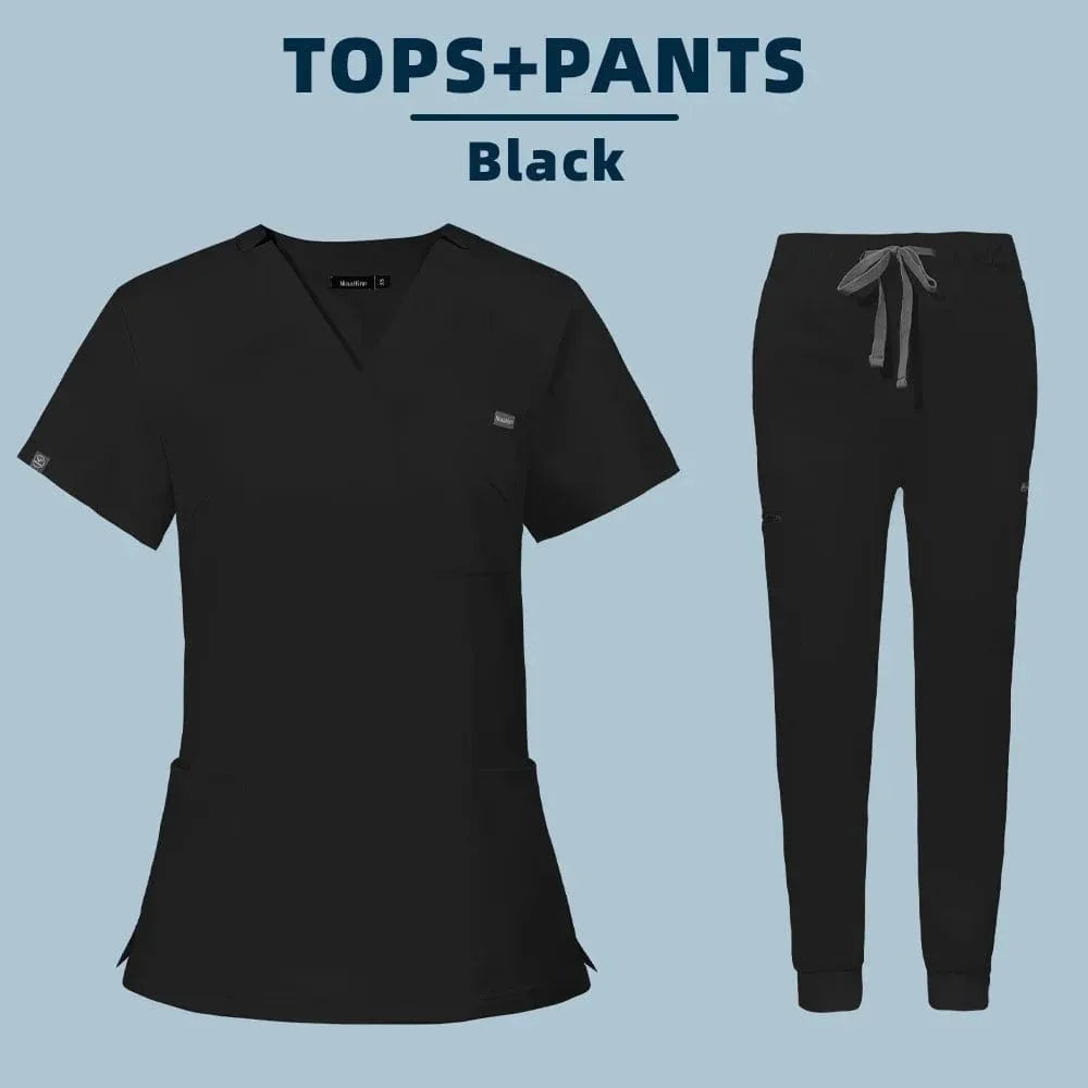 Showlu Fashion women's medical scrub set with top and pants, hospital workwear for nurses and medical professionals in a clinical setting.