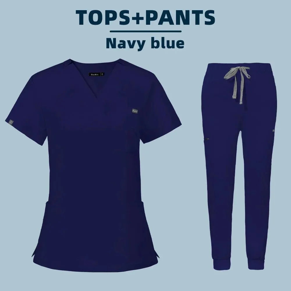 Showlu Fashion women's medical scrub set with top and pants, hospital workwear for nurses and healthcare professionals.