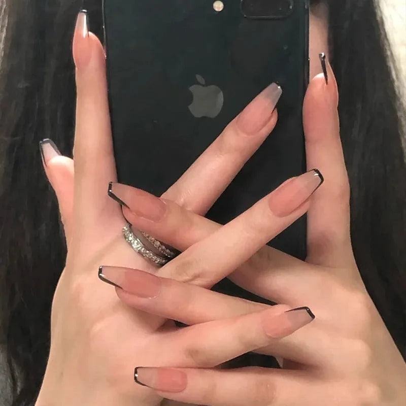 Square full cover French press on false nails by Showlu Fashion, coffin-shaped ABS tips for a stylish manicure.
