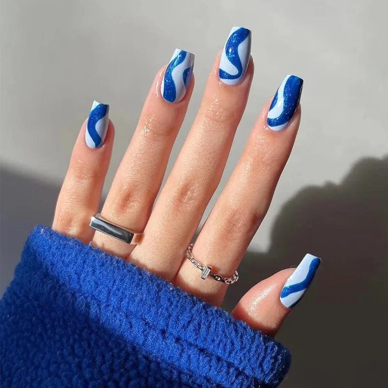 Square full cover French press on false nails by Showlu Fashion Store, coffin-shaped ABS tips for elegant nail extensions.