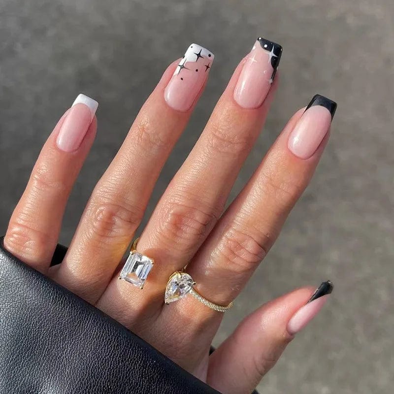 Showlu Fashion Square Full Cover French Press On false nails with coffin shape and ABS tips, perfect for stylish nail art.
