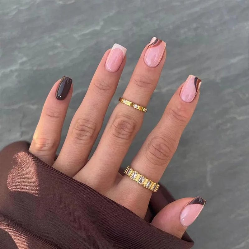 Square full cover French press on false nails by Showlu Fashion Store, coffin-shaped ABS tips for elegant nail enhancement.