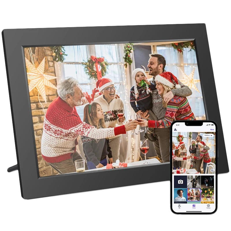 Showlu 10.1-inch WiFi digital photo frame with 32GB storage, IPS HD touch screen for displaying digital photos.