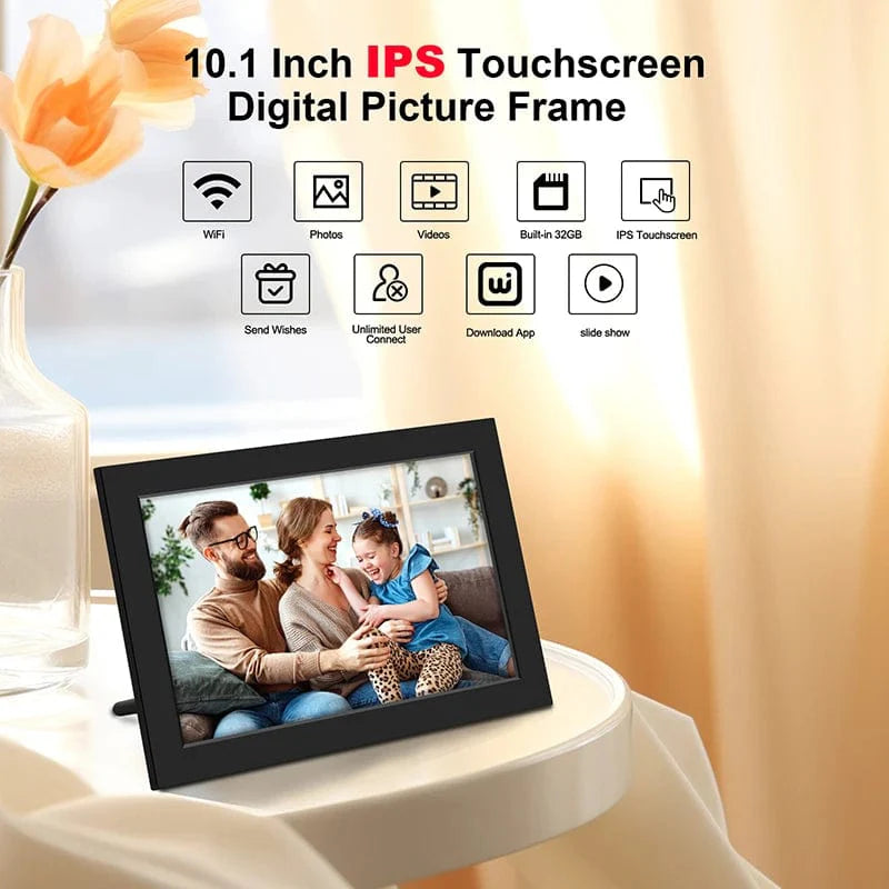Showlu 10.1-inch WiFi digital photo frame with 32GB storage, IPS HD touch screen displaying colorful photos and slideshow.