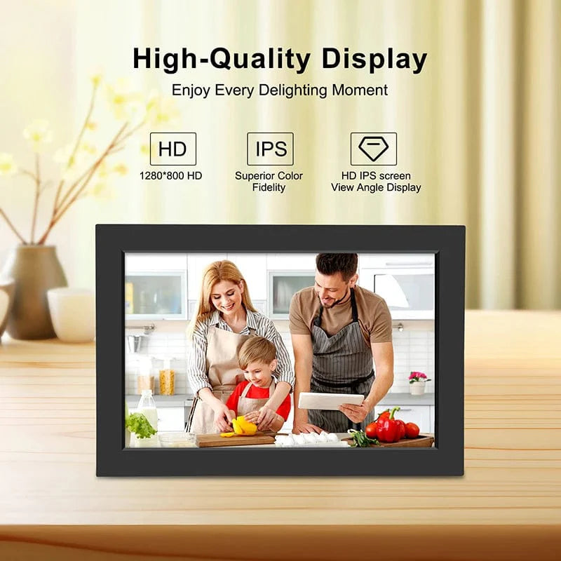 Showlu 10.1-inch WiFi digital photo frame with 32GB storage, IPS HD touch screen displaying colorful photos.