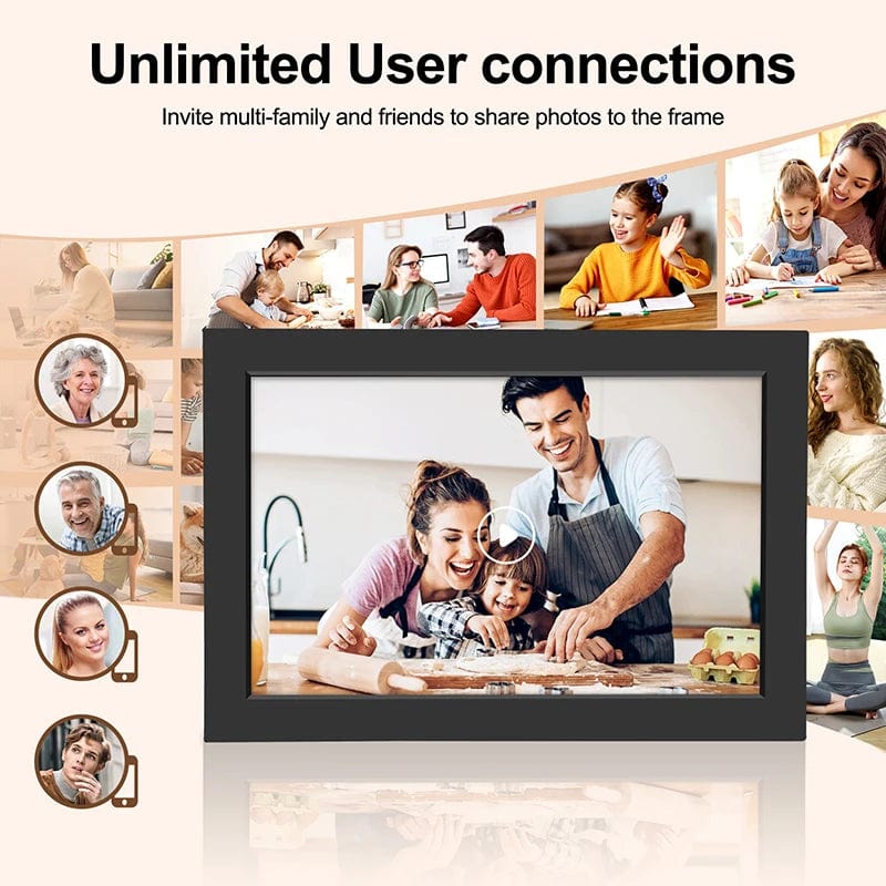 Showlu 10.1-inch WiFi digital photo frame with 32GB storage, IPS HD touch screen displaying photos and slideshows.