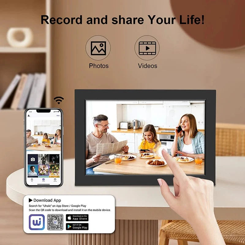 Showlu 10.1-inch WiFi digital photo frame with 32GB storage, IPS HD touch screen displaying vibrant photos.