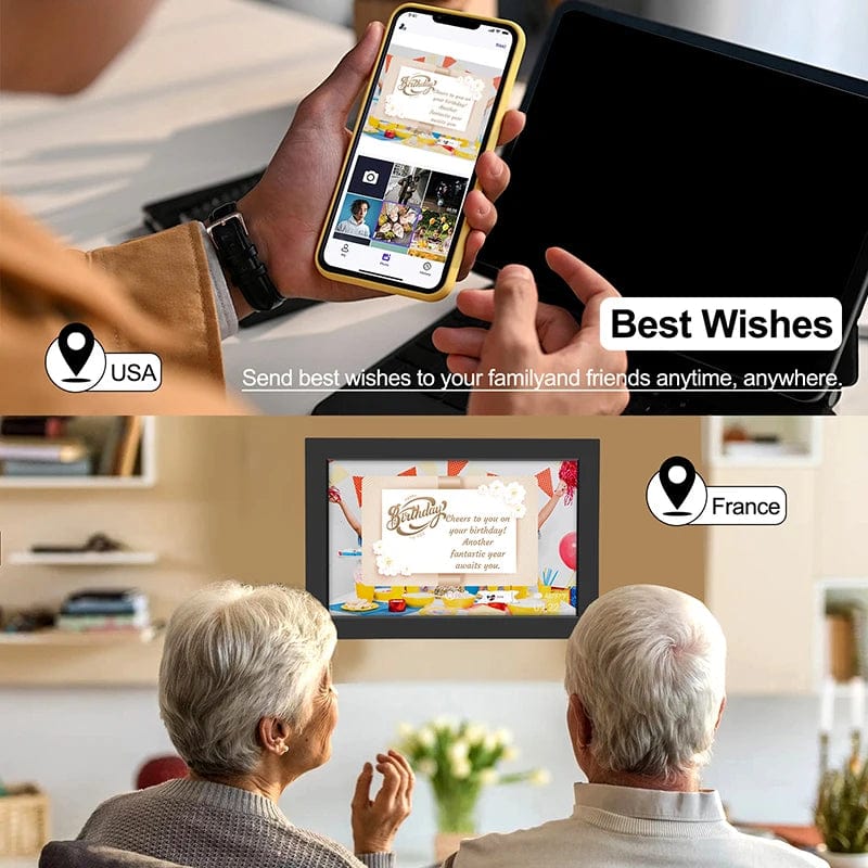 Showlu 10.1-inch WiFi digital photo frame with 32GB storage, IPS HD touch screen displaying colorful family photos.