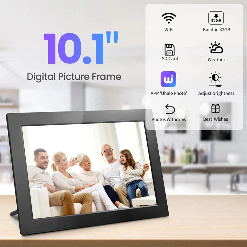 Showlu 10.1-inch WiFi digital photo frame with 32GB storage, IPS HD touch screen displaying vibrant photos.