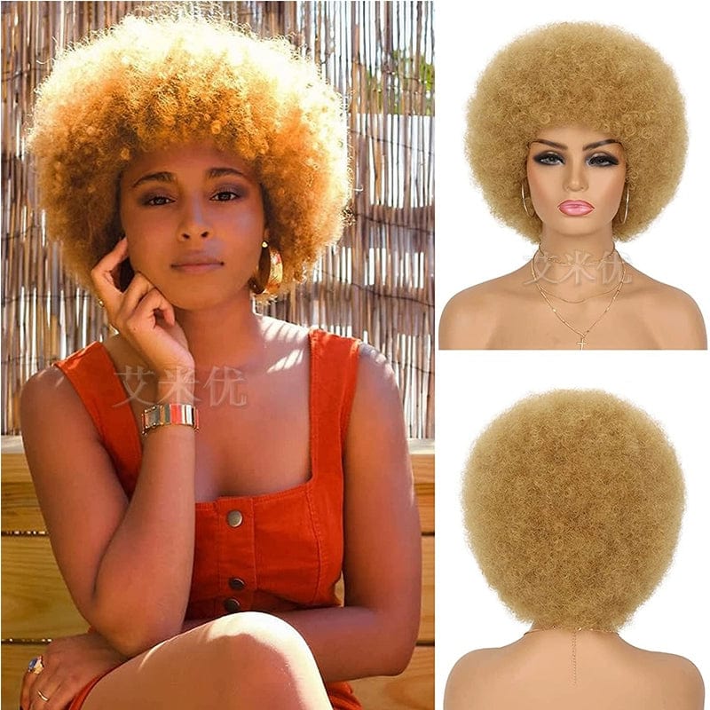 Short black Afro wig by SHOWLU FASHION, featuring fluffy synthetic hair, unisex style, full top, and small roll design