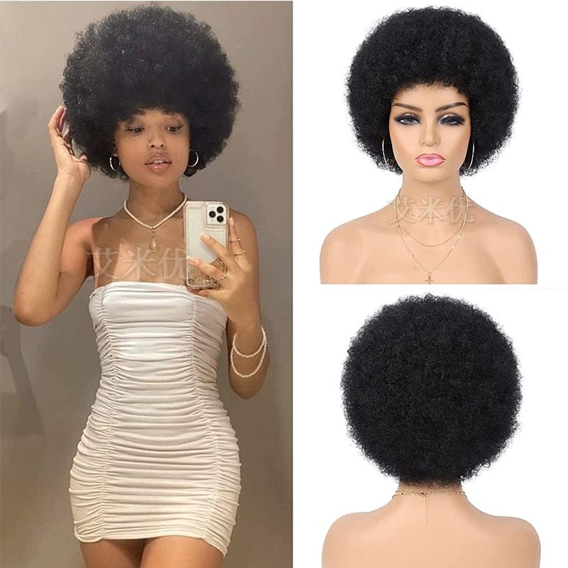 SHOWLU FASHION Afro wig featuring short, fluffy black synthetic hair with a full top, ideal for unisex styling.