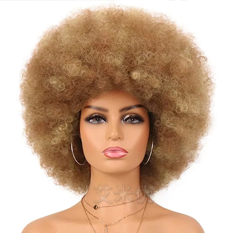 Short black afro wig by SHOWLU FASHION with fluffy, synthetic hair, perfect for unisex style and full top coverage.