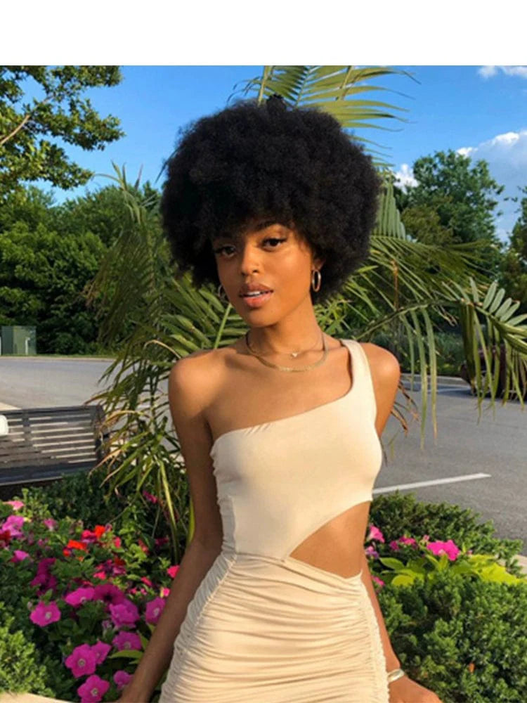 SHOWLU FASHION Afro wig featuring short, fluffy black synthetic hair with a full top, designed for unisex wear.