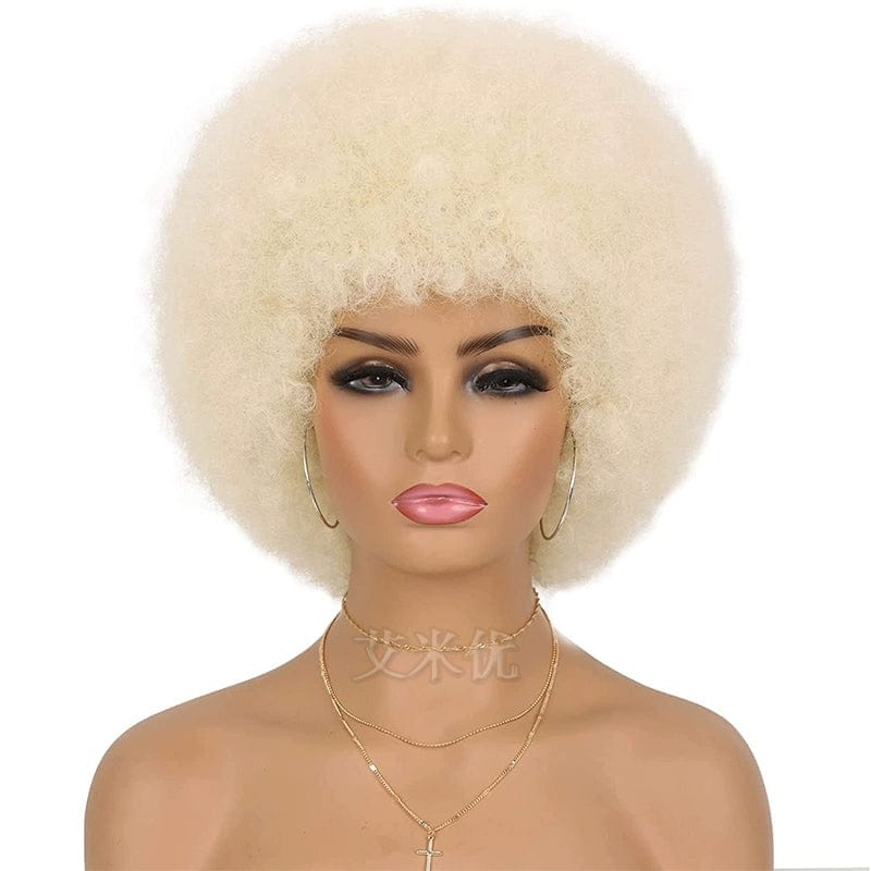 Short fluffy black Afro wig by SHOWLU FASHION with synthetic hair, unisex style, full top, and small roll design.