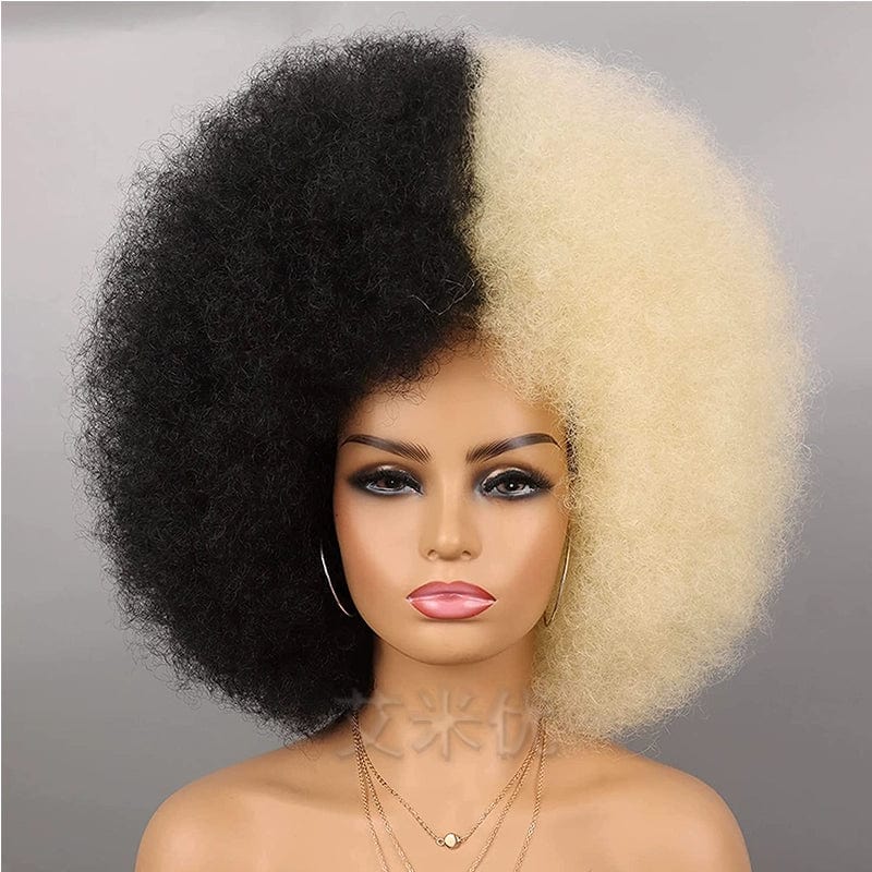 SHOWLU FASHION Afro wig with short, fluffy black synthetic hair, unisex style, full top and small roll design.