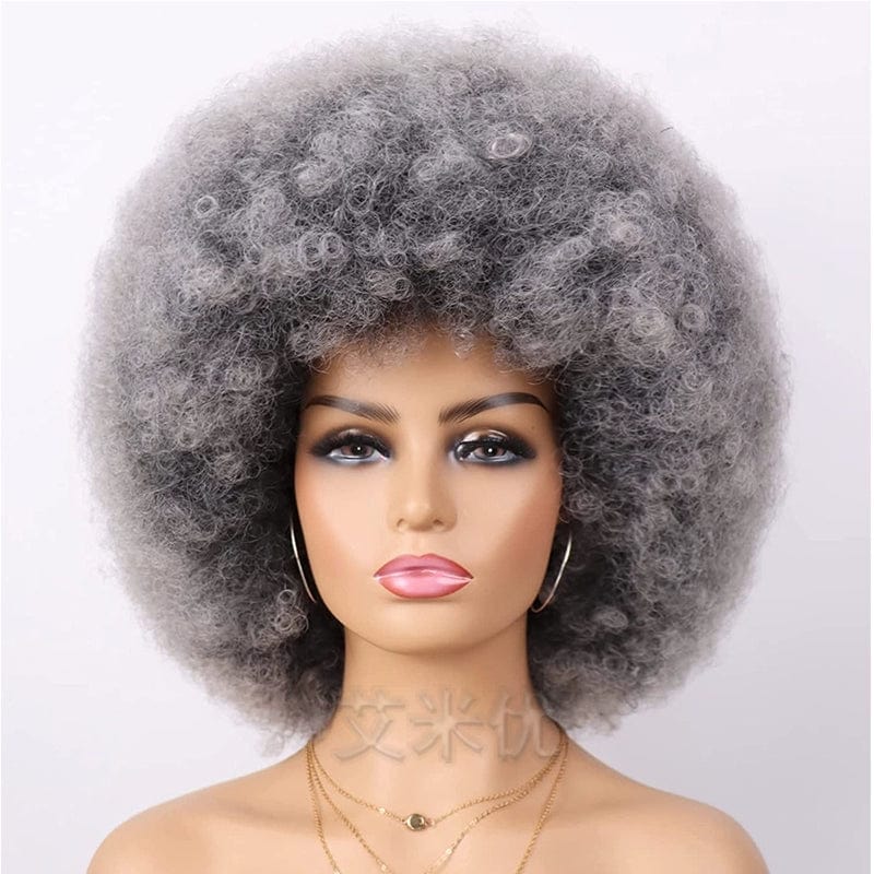 SHOWLU FASHION Afro wig with short, fluffy black synthetic hair, suitable for unisex styling and full top coverage.