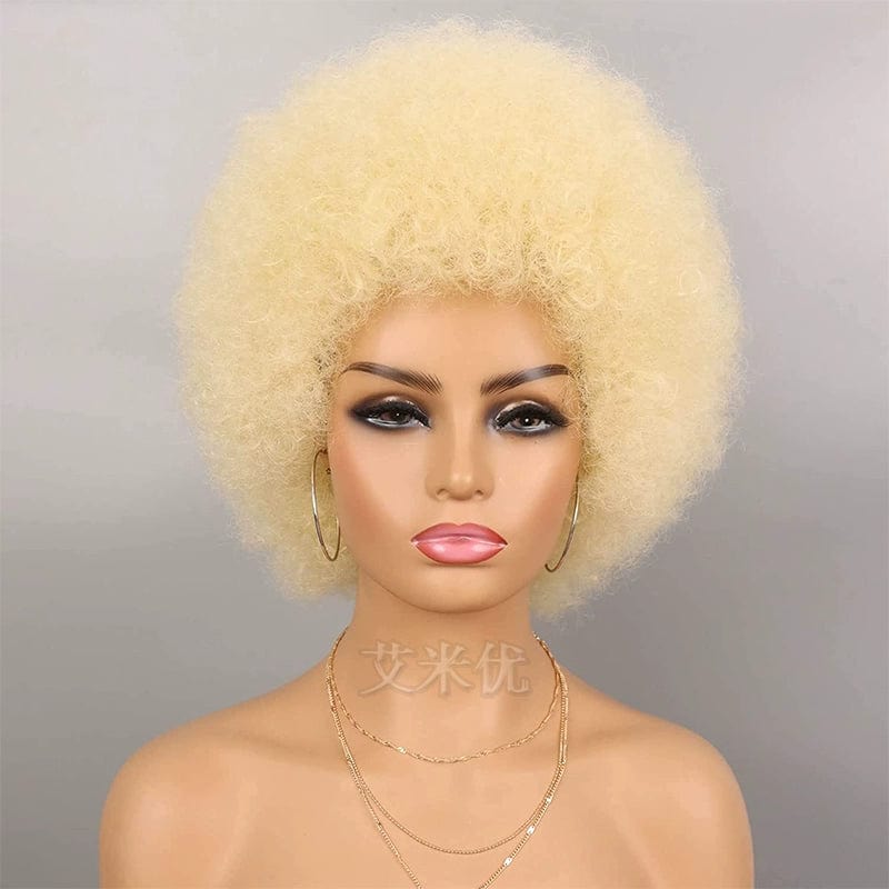 Short black Afro wig by SHOWLU FASHION featuring fluffy synthetic hair, unisex style with full top and small roll details.