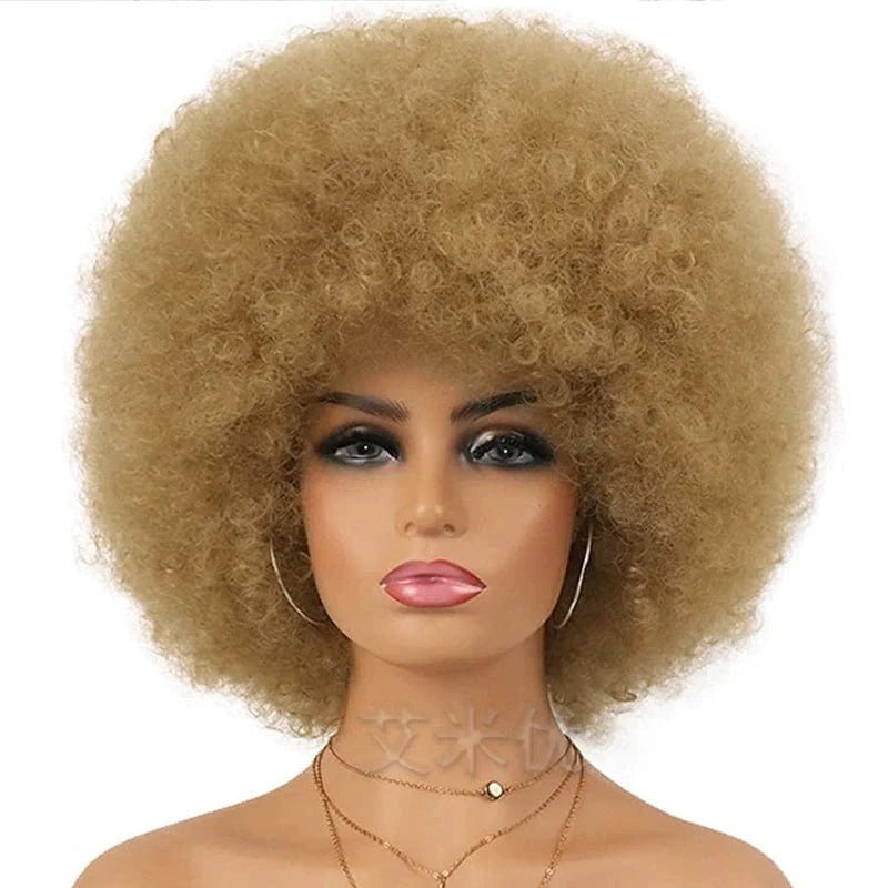 Short black Afro wig with fluffy, synthetic hair, styled in a full, rounded look suitable for unisex fashion.