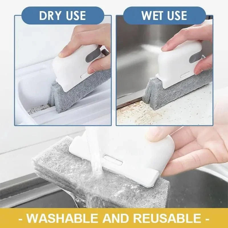 Showlu Window Groove Cleaning Brush with sponge, 2-in-1 crevice tool for cleaning windows, sills, and tight corners.